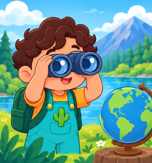 Child looking through binoculars beside a globe
