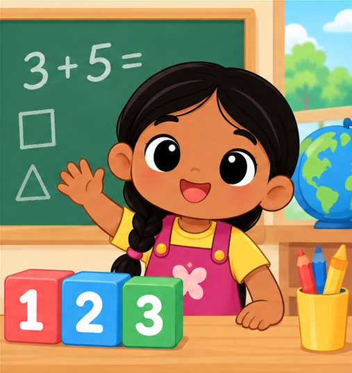 Child counting with number blocks and math symbols