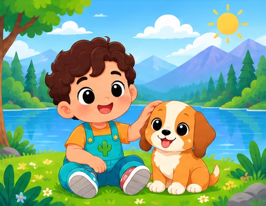 Child and puppy beside a pond and green mountains